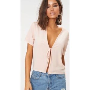 PrettyLittleThing Nude tie front crop top size 8